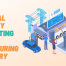 Blog post title card. People working in car manufacturing. How virtual reality is disrupting the manufacturing industry.
