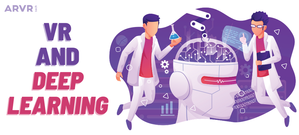 Illustration of two scientists examining a robot head. The title says: VR and deep learning.